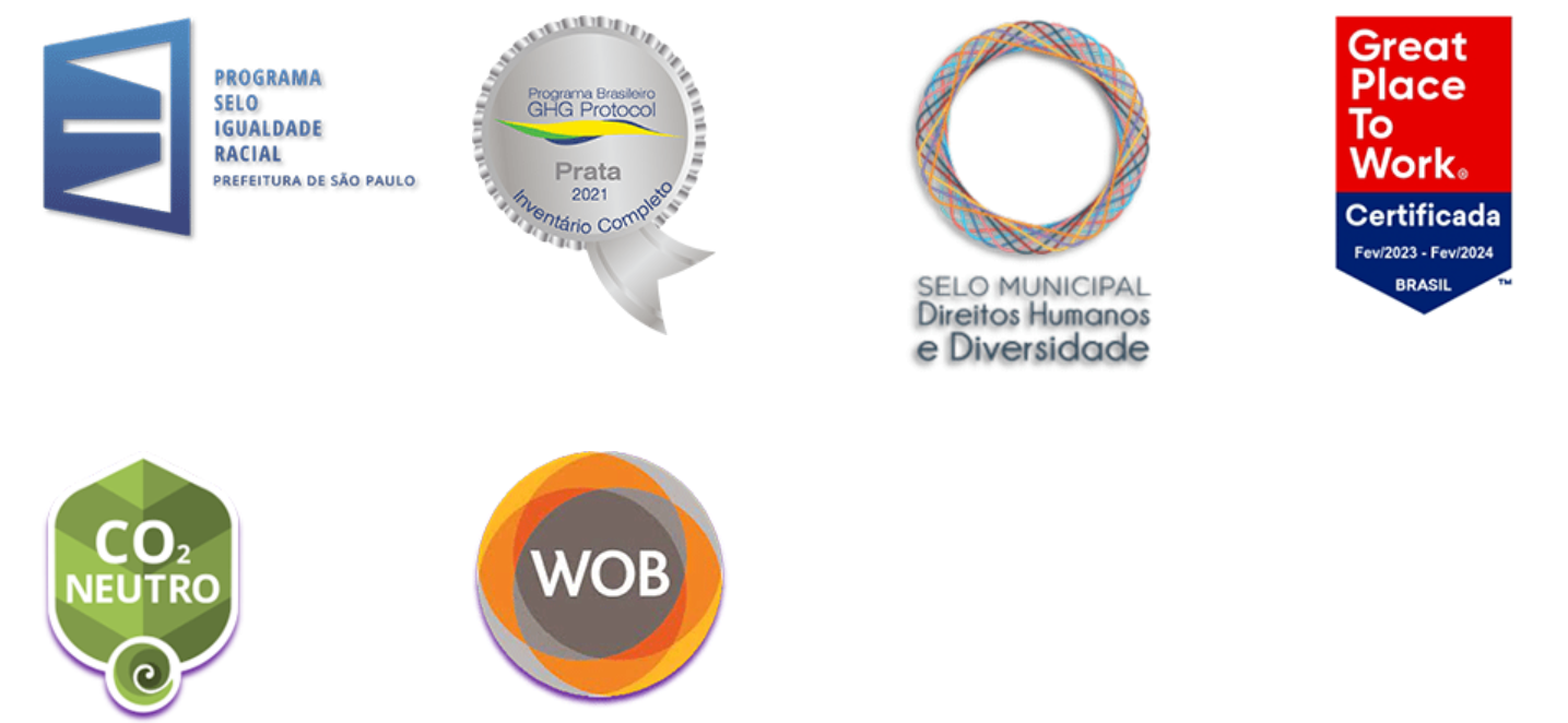 Selos e certificações ESG e DEI conquistados durante o período na RAPS: Igualdade Racial, GHG Protocol Prata, Direitos Humanos e Diversidade, Great Place to Work, CO2 Neutro