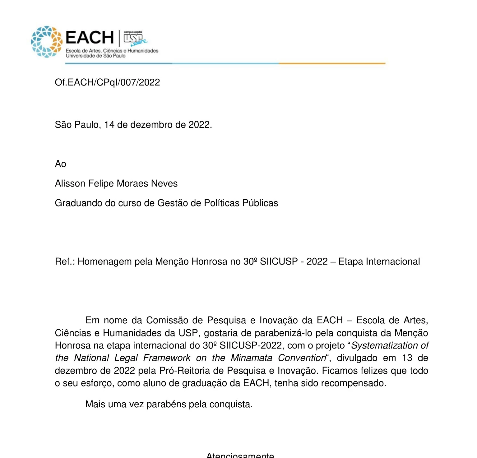 Menção Honrosa — 30º SIICUSP Etapa Internacional, USP, 2022